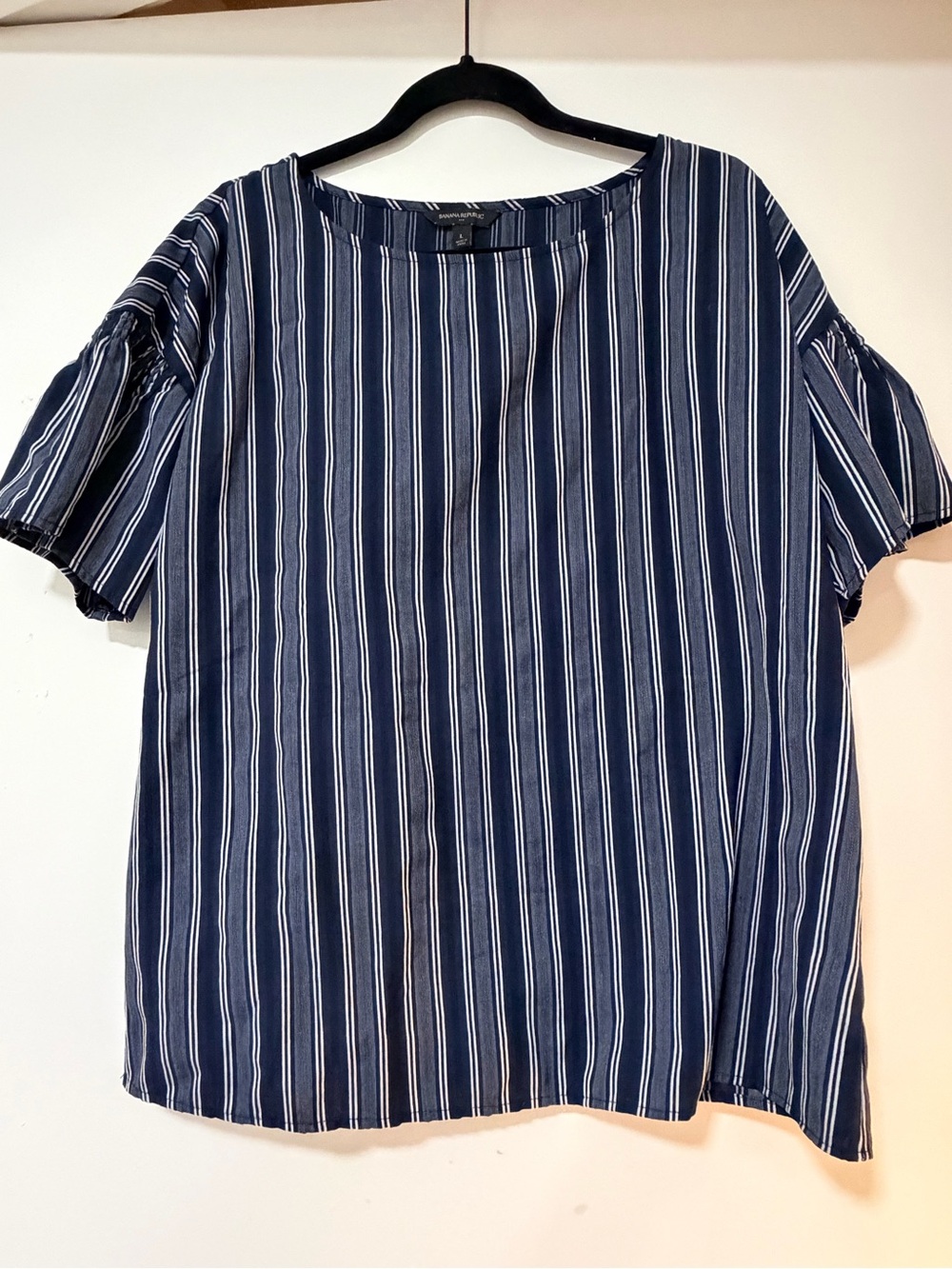 Banana Republic Navy and White Vertical-Stripe Short Sleeve Blouse